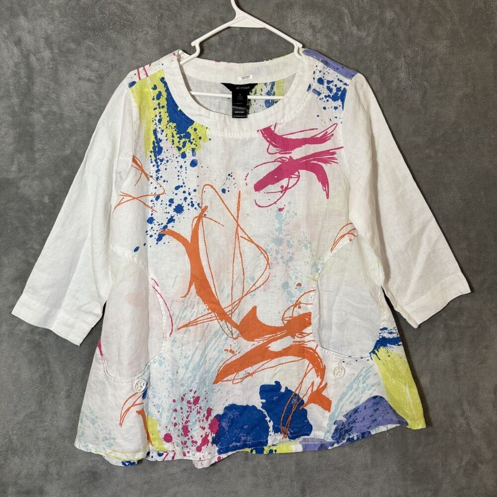 Ali Miles Top M Multicolor Paint Splatter 100% Linen 3/4 Sleeve Tunic Blouse Art
